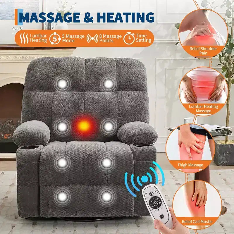 Fauteuil inclinable surdimensionné pour adultes, canapé berçant pivotant manuel, poches latérales et porte-gobelets pour personnes fortes et de grande taille, salon
