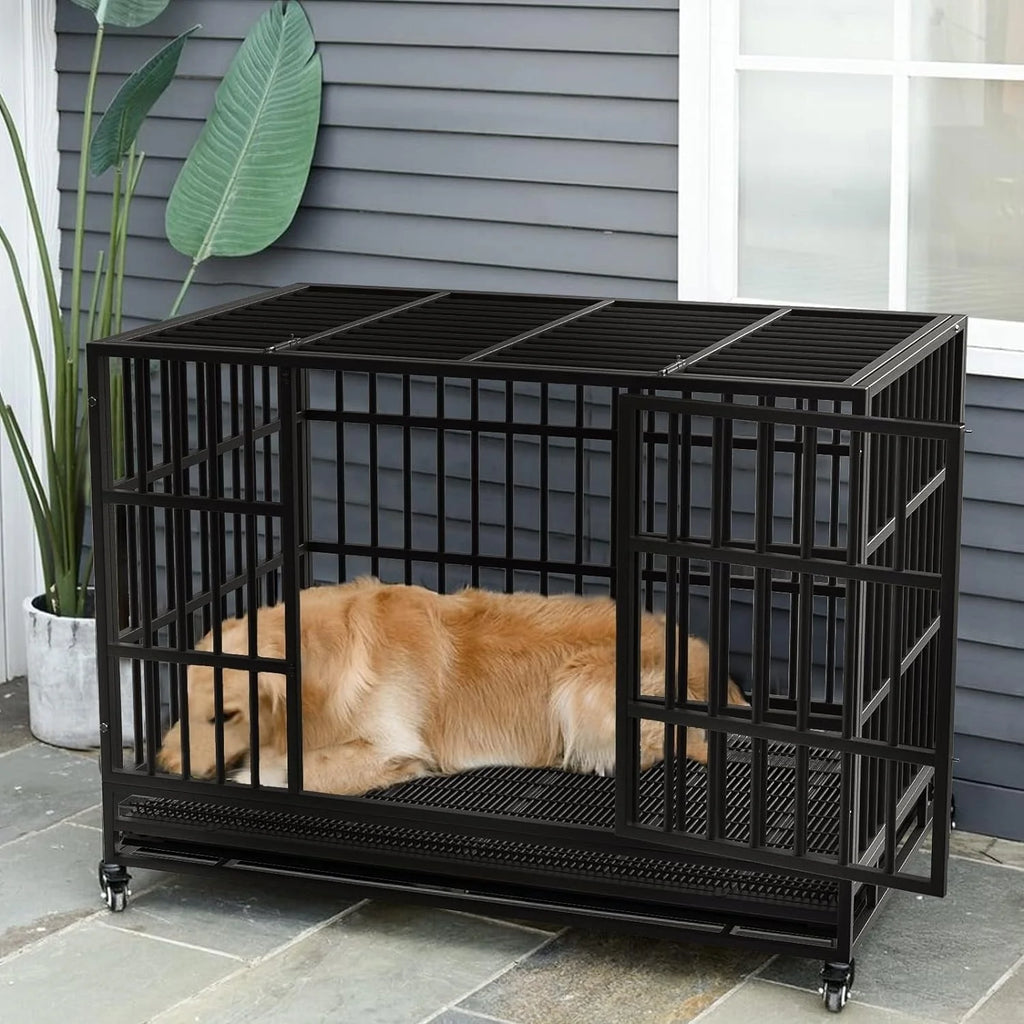 BOSSIN Cage pour Chien Robuste Indestructible 48/38 Pouces, Niche Anti-Évasion avec Roues Verrouillables