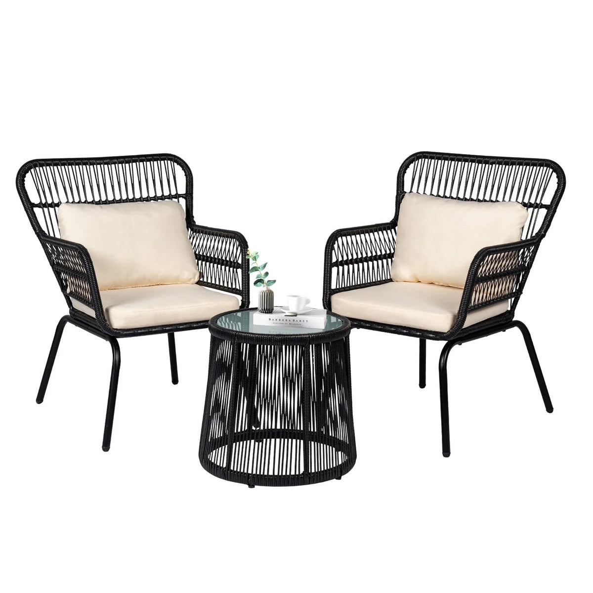 Ensemble bistrot 3 pièces en osier pour conversation, salon de jardin en rotin résistant aux intempéries avec coussins