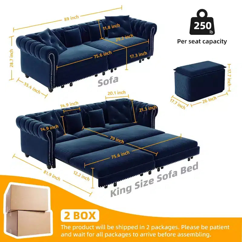 Canapé-lit gigogne 3-en-1 King Size Whisen Velvet et canapé convertible avec pouf mobile, design capitonné