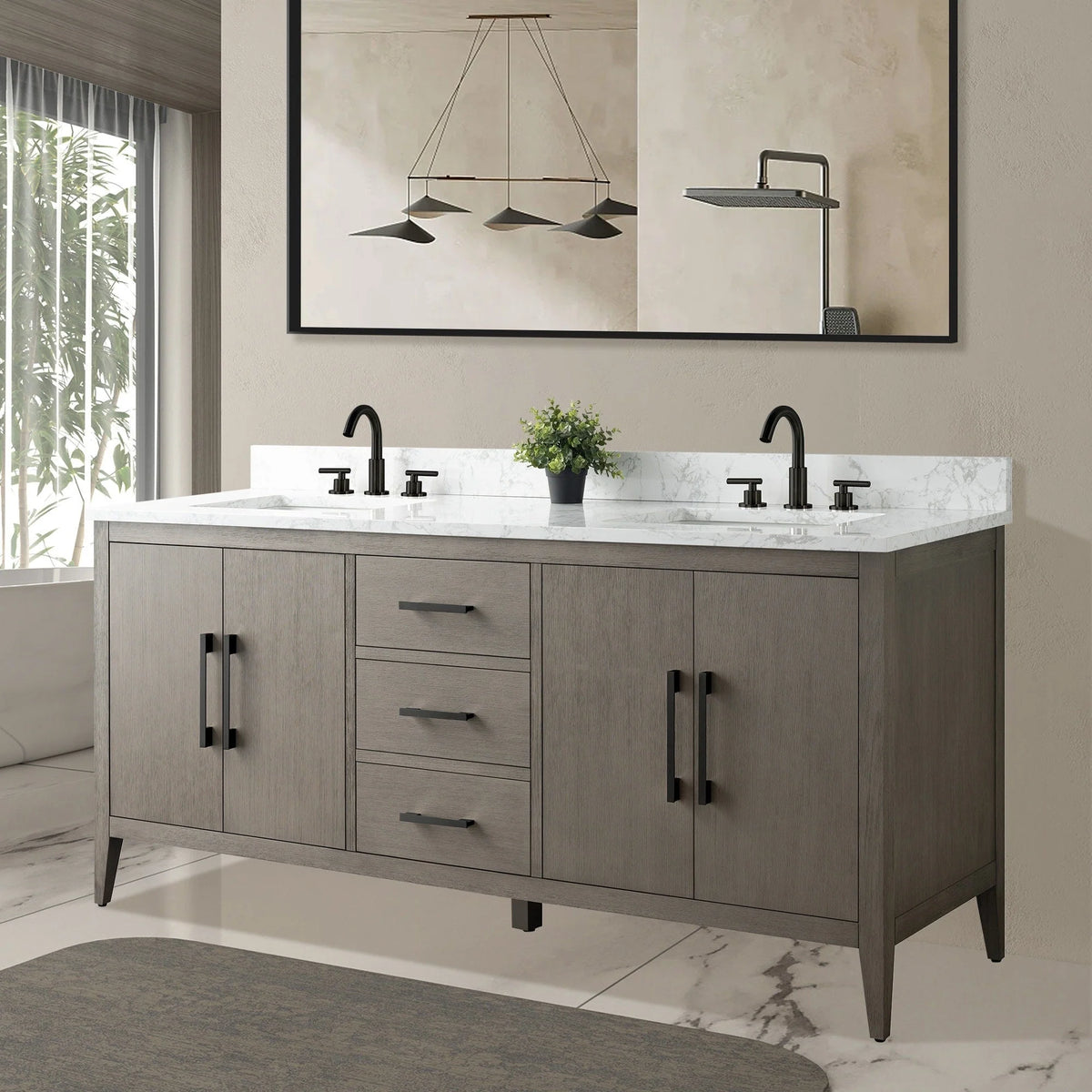 Meuble-lavabo de salle de bain Vanity Art 72 po à double vasque avec dessus en marbre reconstitué