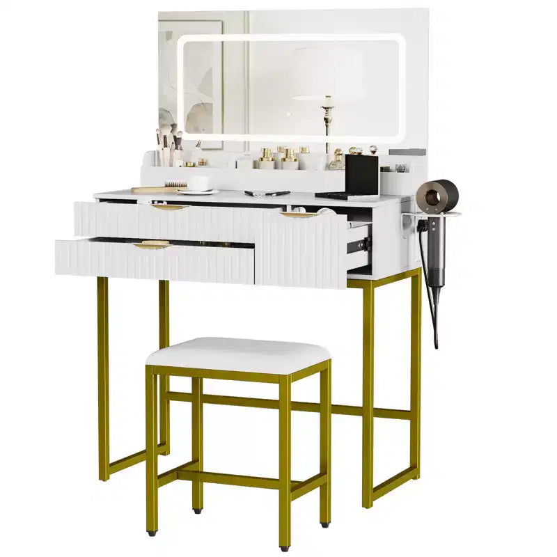 Coiffeuse avec miroir et lumières, miroir lumineux à LED, tiroirs de rangement spacieux pour produits cosmétiques et articles de toilette