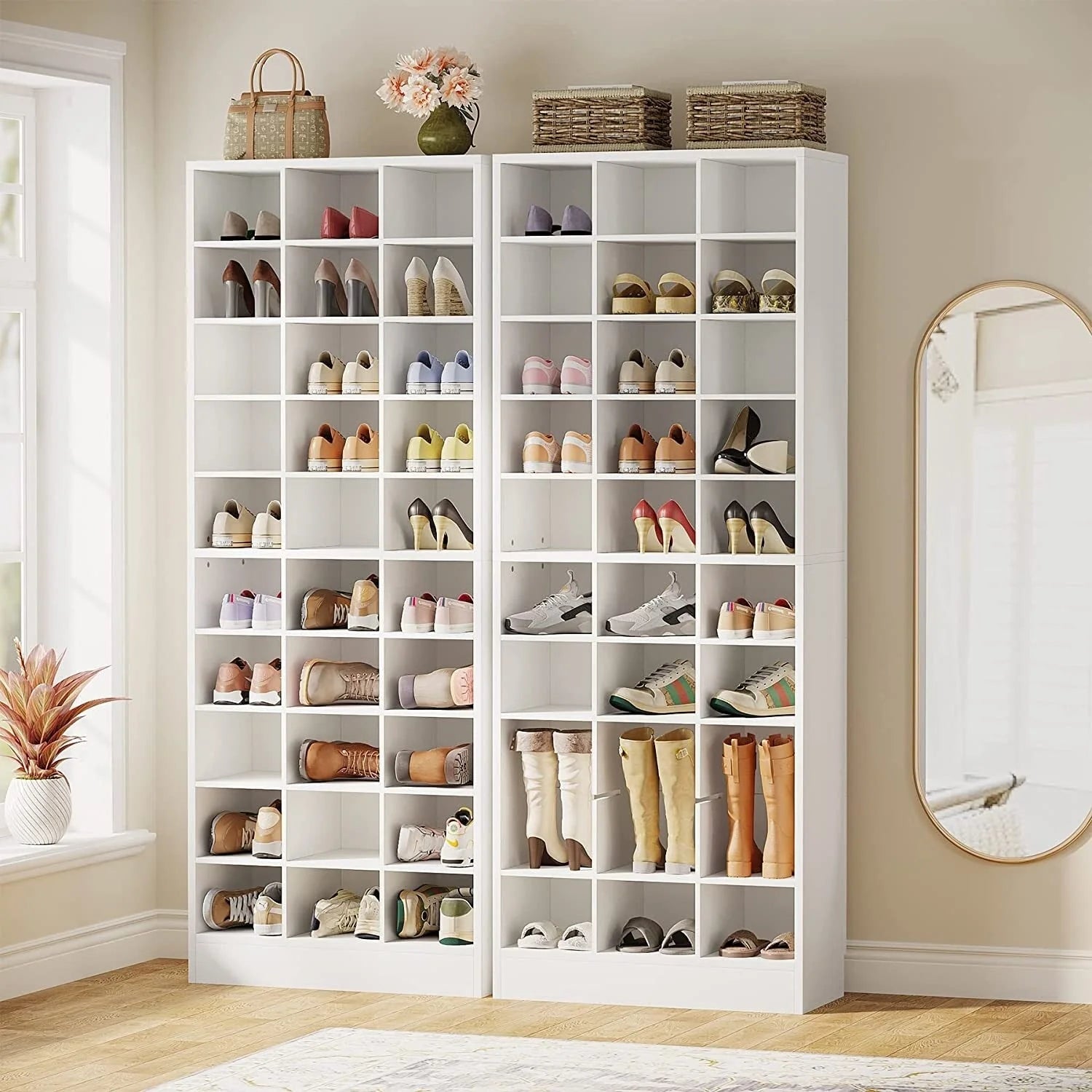 Meuble à chaussures haut 30 paires, étagère de rangement à chaussures en bois blanc 10 niveaux pour placard, entrée - 10 niveaux