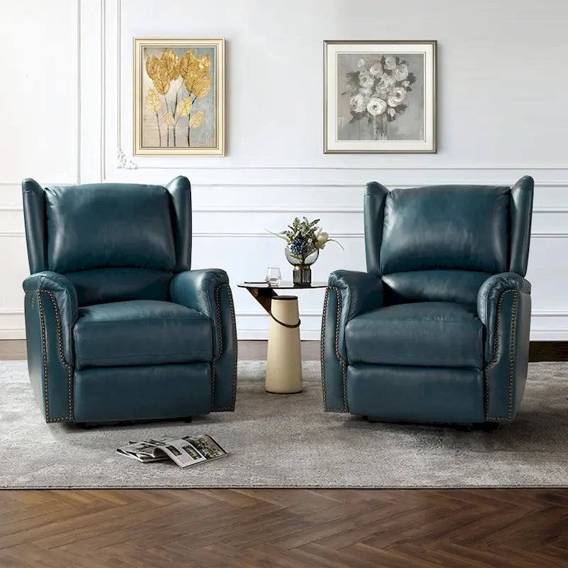 Fauteuil inclinable électrique en cuir véritable avec port USB – Dossier à oreilles clouté, ensemble de 2
