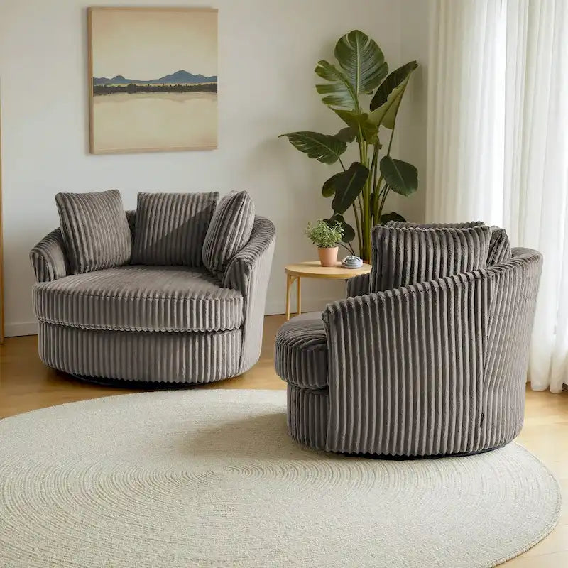 Lot de 2 fauteuils pivotants ronds surdimensionnés en velours côtelé moelleux de 43 po de large avec oreillers