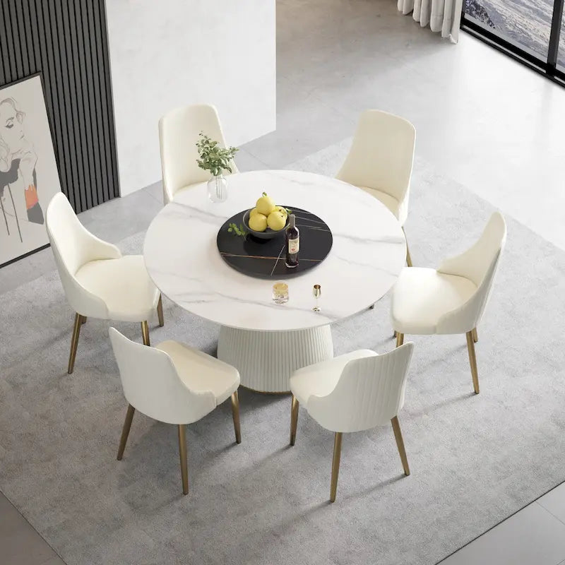 Table à manger ronde de 53 po pour 6 personnes avec plateau en pierre sintérisée et plateau tournant
