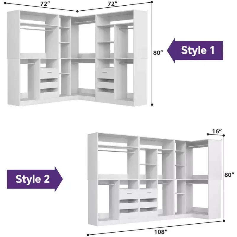 Besiost Lot de 3 dressings d'angle avec étagères et tiroirs, organisateur de placard autoportant avec tringles à vêtements