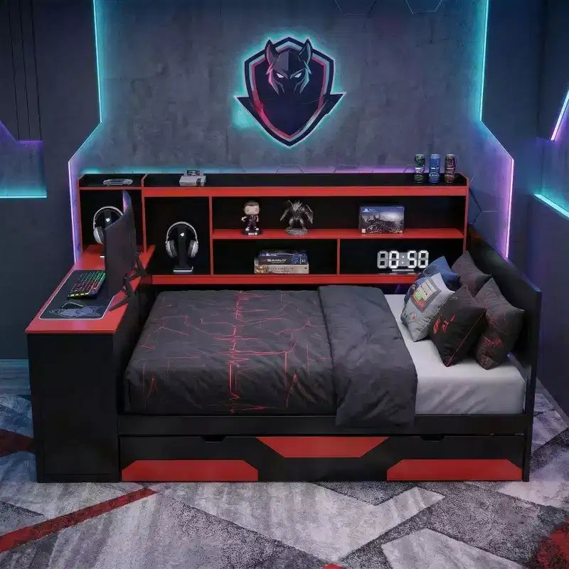 Lit de repos Gamer Hub avec bureau, lumières RGB, station de recharge, tiroirs de rangement et tête de lit bibliothèque