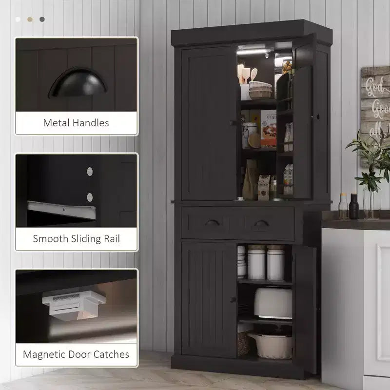 Garde-manger de cuisine de 71 po avec lumières DEL, 6 tablettes de porte, un tiroir et 4 tablettes réglables