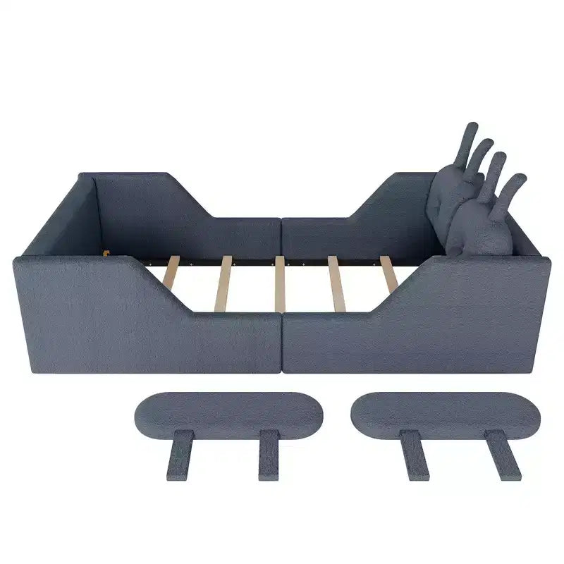 Lit plateforme double Whisen, cadre de lit rembourré pour enfants avec coussin lapin, barrières latérales amovibles