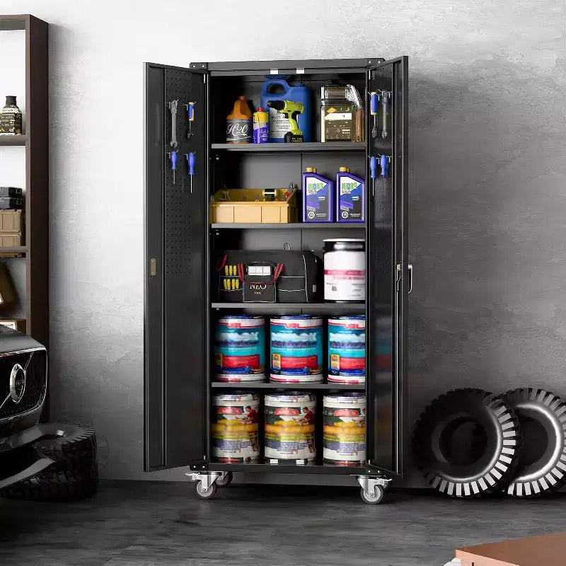 Armoire de rangement de garage avec roues et panneau perforé, armoire de rangement métallique verrouillable de 72 po de hauteur avec 2 portes et 4 étagères réglables pour atelier de garage