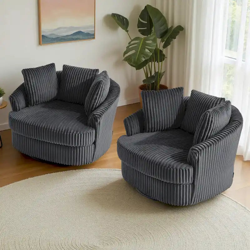 Lot de 2 fauteuils pivotants ronds surdimensionnés en velours côtelé moelleux de 43 po de large avec oreillers