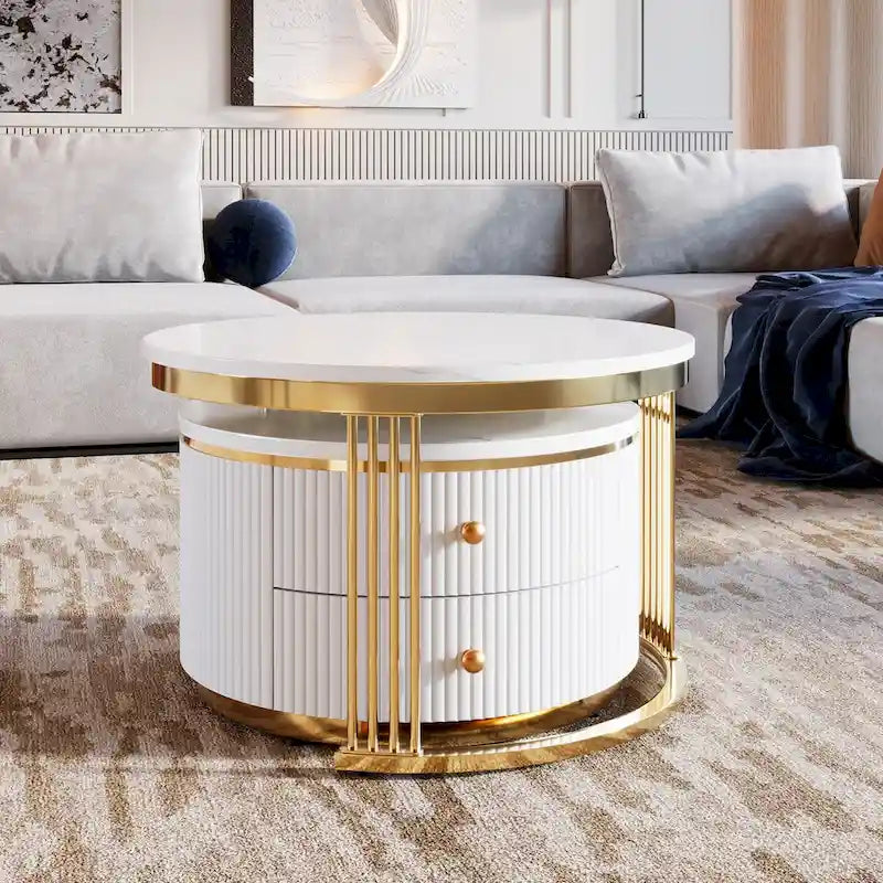 2 tables basses gigognes rondes blanches avec tiroirs