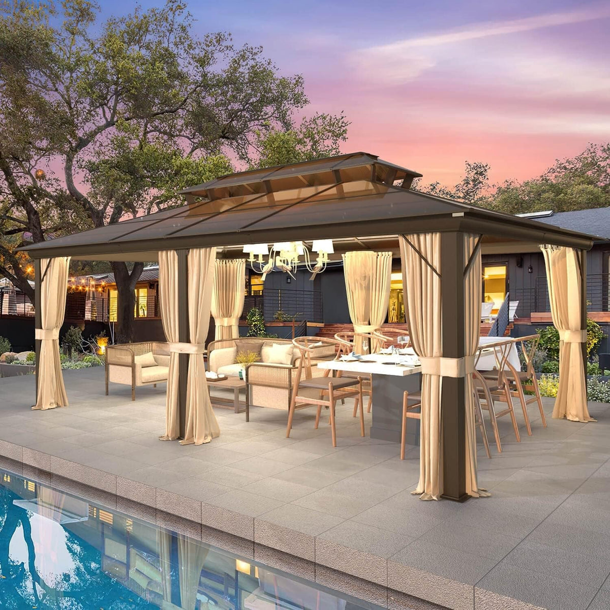 Tonnelle EROMMY à toit rigide, pergola extérieure avec double toit, moustiquaire et rideaux, auvent robuste pour patio, jardin, fête au bord de la piscine