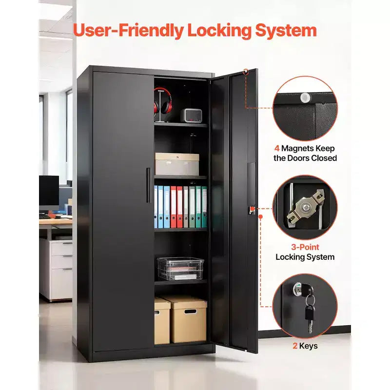 Armoire de Rangement Métallique VEVOR, Meuble de Rangement Verrouillable en Acier de 175 cm avec 4 Étagères Réglables, 2 Portes Magnétiques, 2 Clés, 5 Niveaux de Rangement pour Outils, Noir