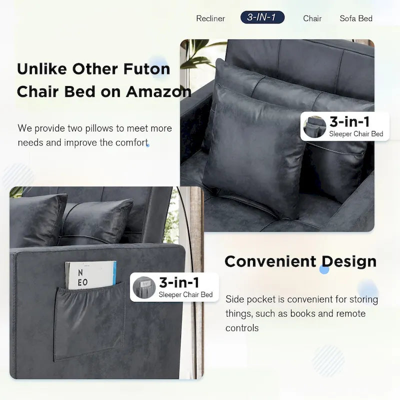 Fauteuil convertible 3-en-1, plusieurs coloris, une place