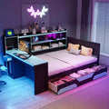 Lit de repos de jeu double/grand avec tête de lit bibliothèque, lumières LED, bureau intégré, tiroirs et station de charge