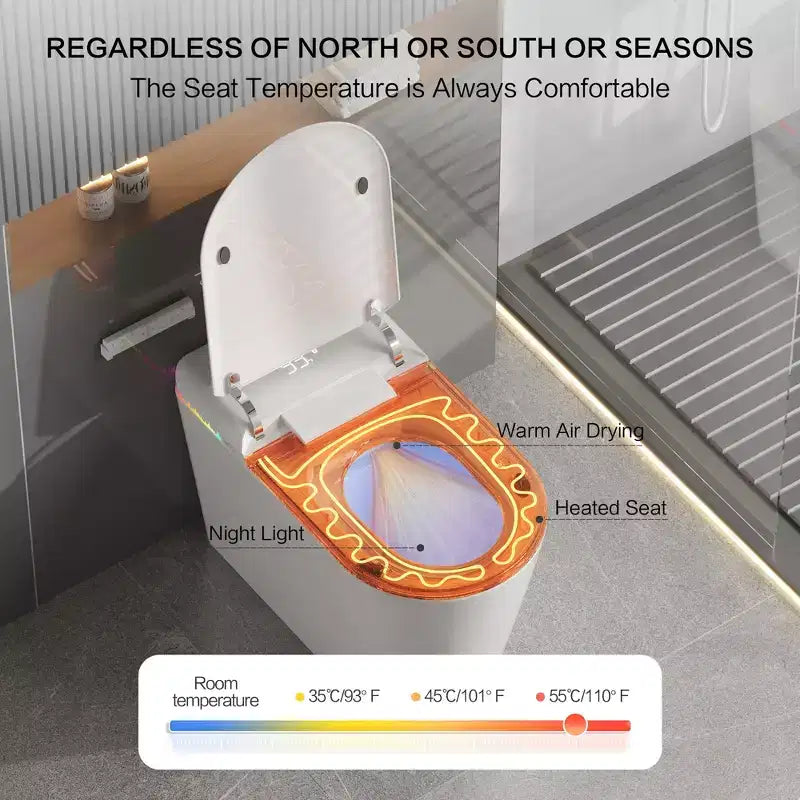 Toilettes intelligentes Dyonery, monobloc sans réservoir avec bouclier en mousse, couvercle à ouverture/fermeture automatique, bidet et séchoir chauffants, veilleuse LED, chasse d'eau automatique