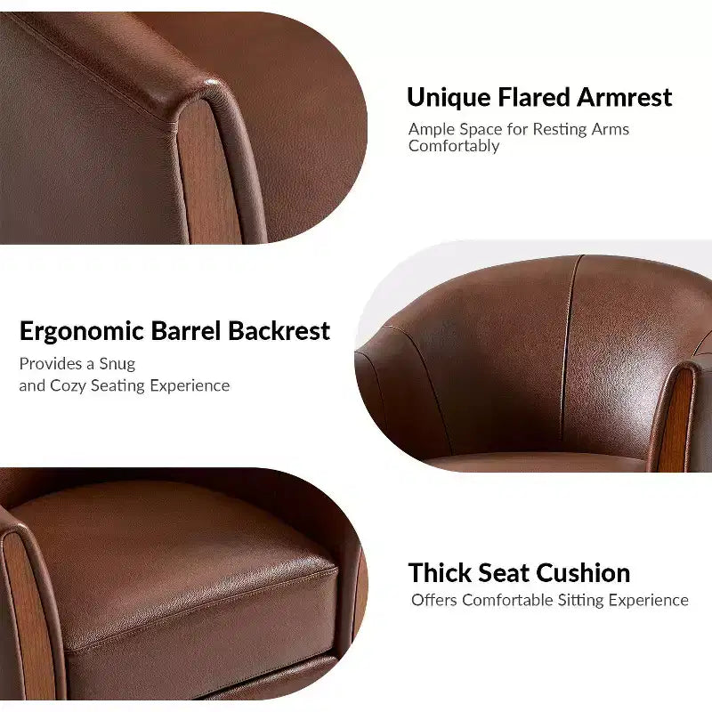 Fauteuil club pivotant en cuir véritable Pocono avec piétement en bois massif, lot de 2Artful Living Design