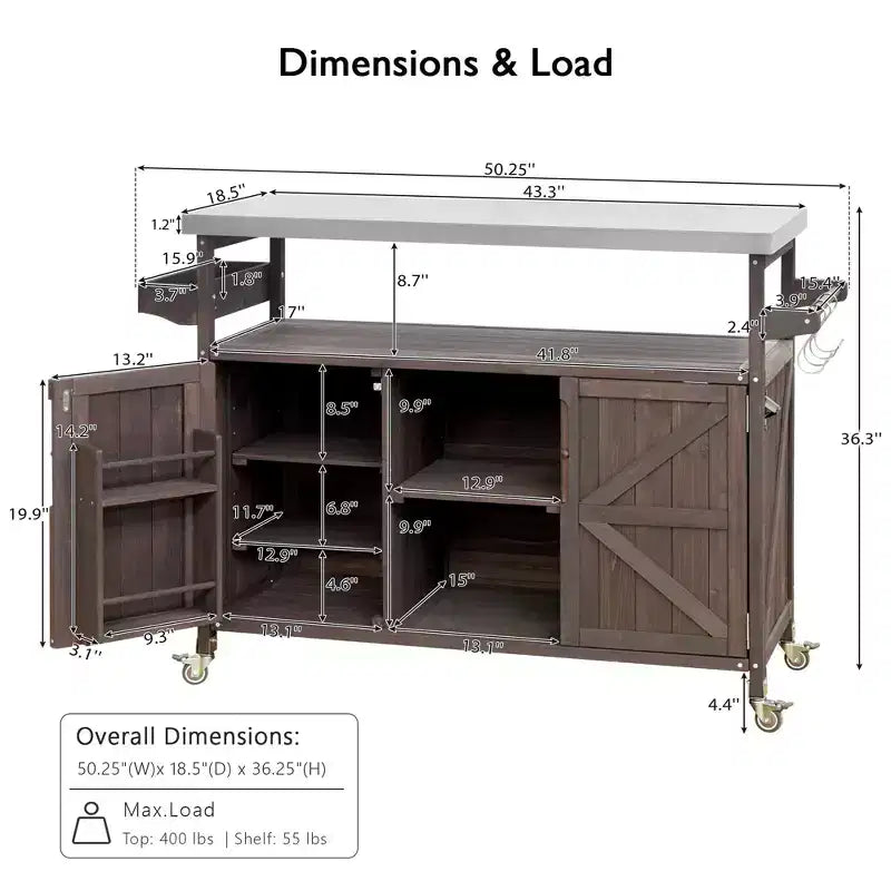 Îlot de cuisine d'extérieur Okak avec plateau en acier inoxydable, chariot de cuisine en bois avec portes, étagères et porte-épices, îlot de cuisine roulant