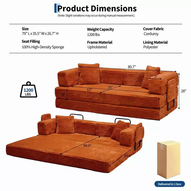80,7 Canapé-lit convertible 5-en-1 – Corduroy, 1200 lbs, Aucun assemblage requis