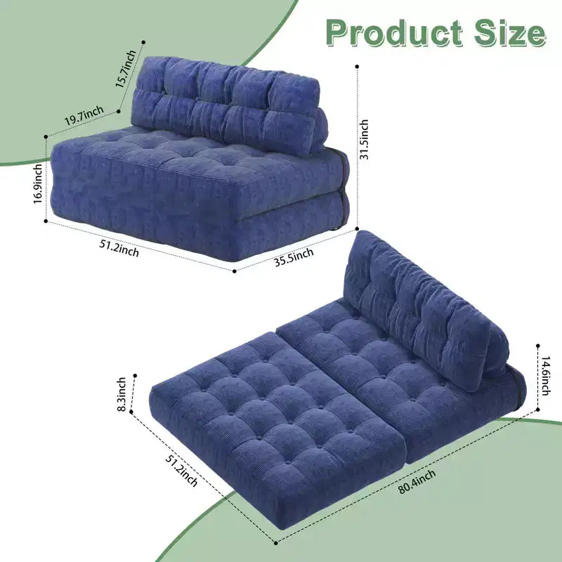Canapé-lit futon pliant entièrement en velours côtelé, chaise de couchage convertible au sol avec oreiller et dossier