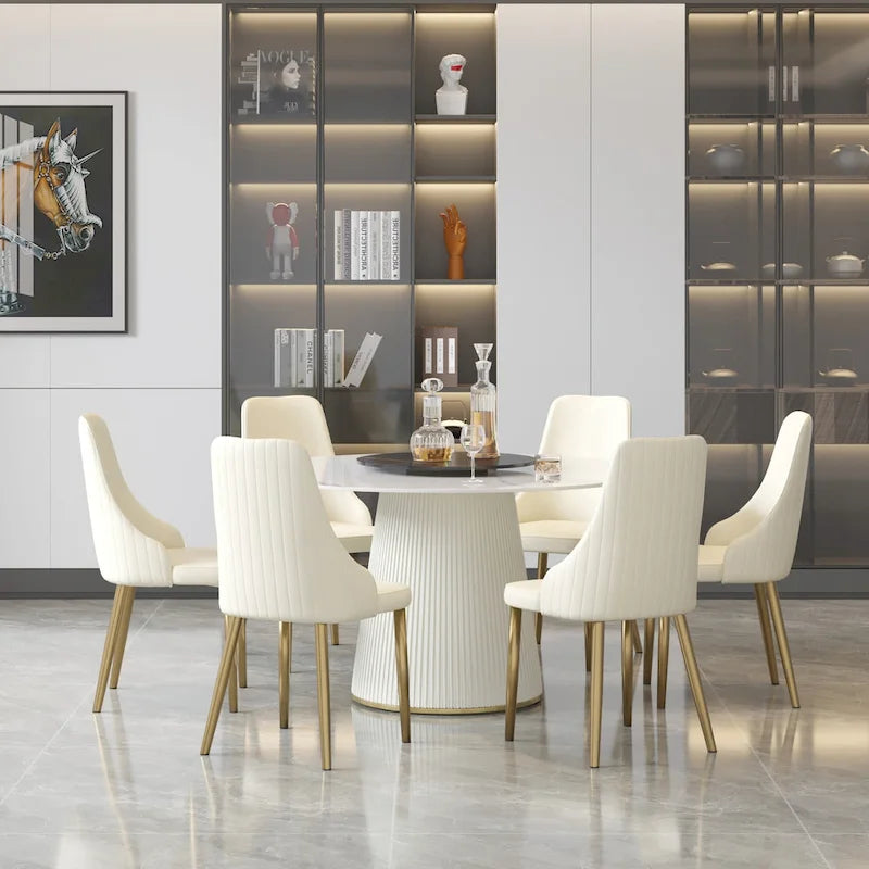 Table à manger ronde de 53 po pour 6 personnes avec plateau en pierre sintérisée et plateau tournant