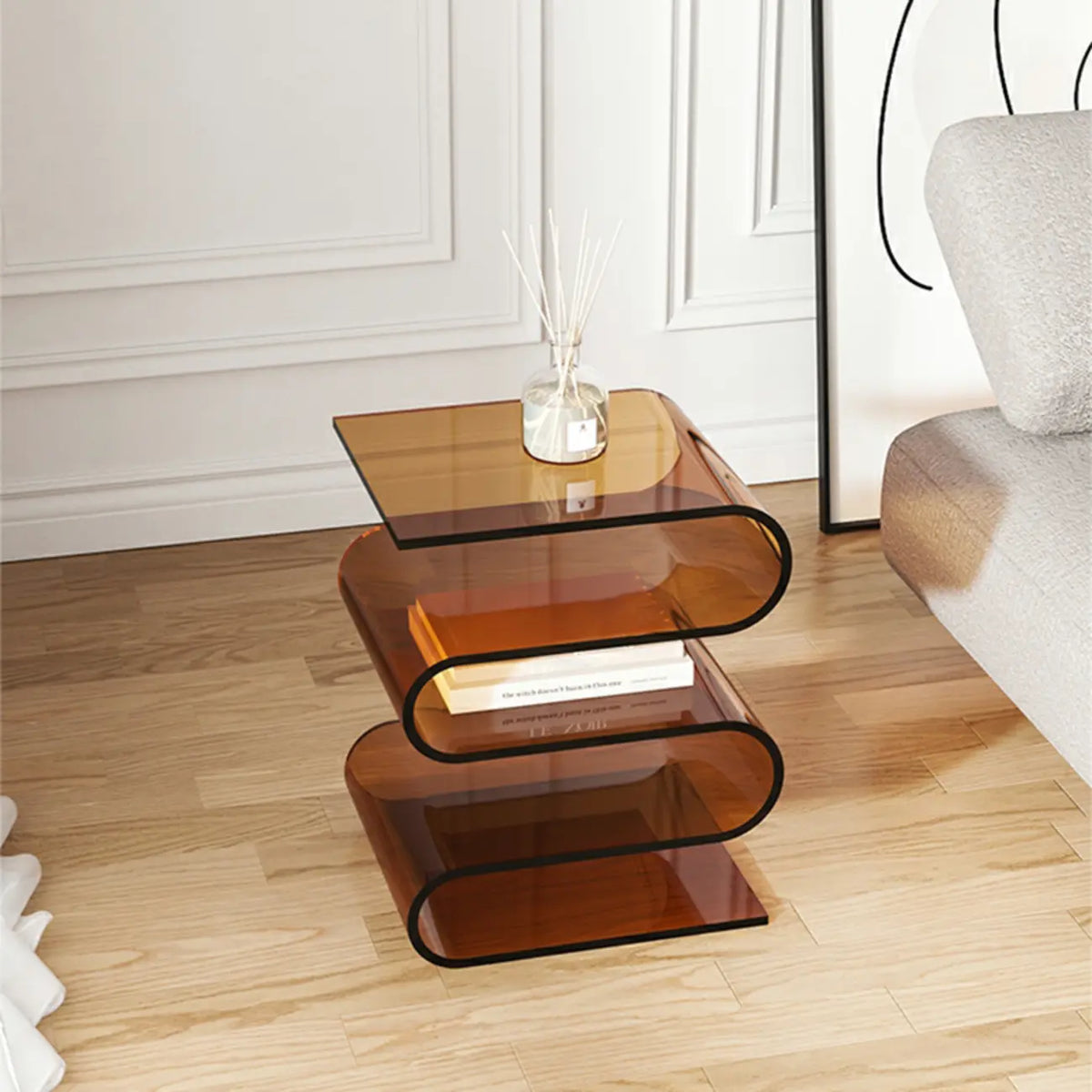 Table d'appoint contemporaine en acrylique en forme de S avec rangement