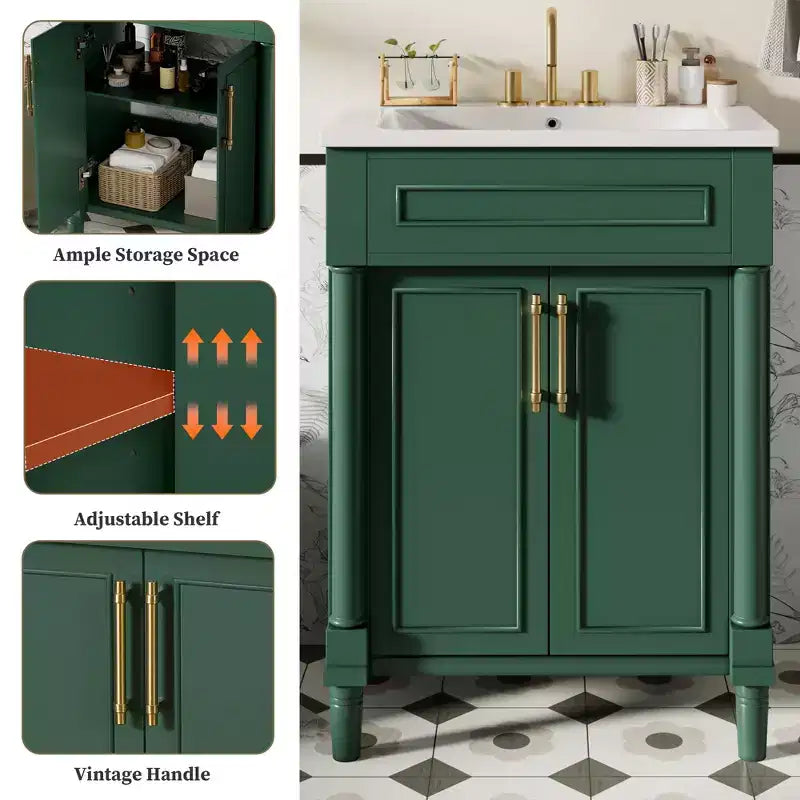 Meuble-lavabo de 24 po avec évier en céramique, armoire Shaker, 2 portes à fermeture amortie, cadre en bois massif pour petite salle de bain ou salle d'eau