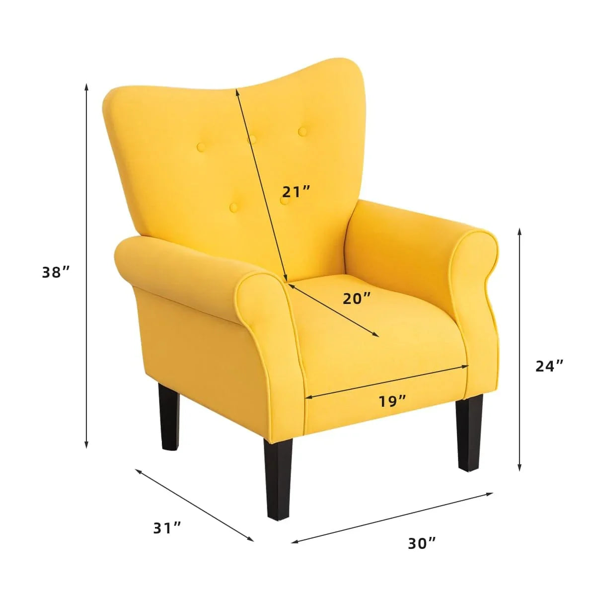 Fauteuil d'appoint moderne Erommy, fauteuil à dossier haut, canapé simple en tissu rembourré avec boutons et pieds en bois pour salon