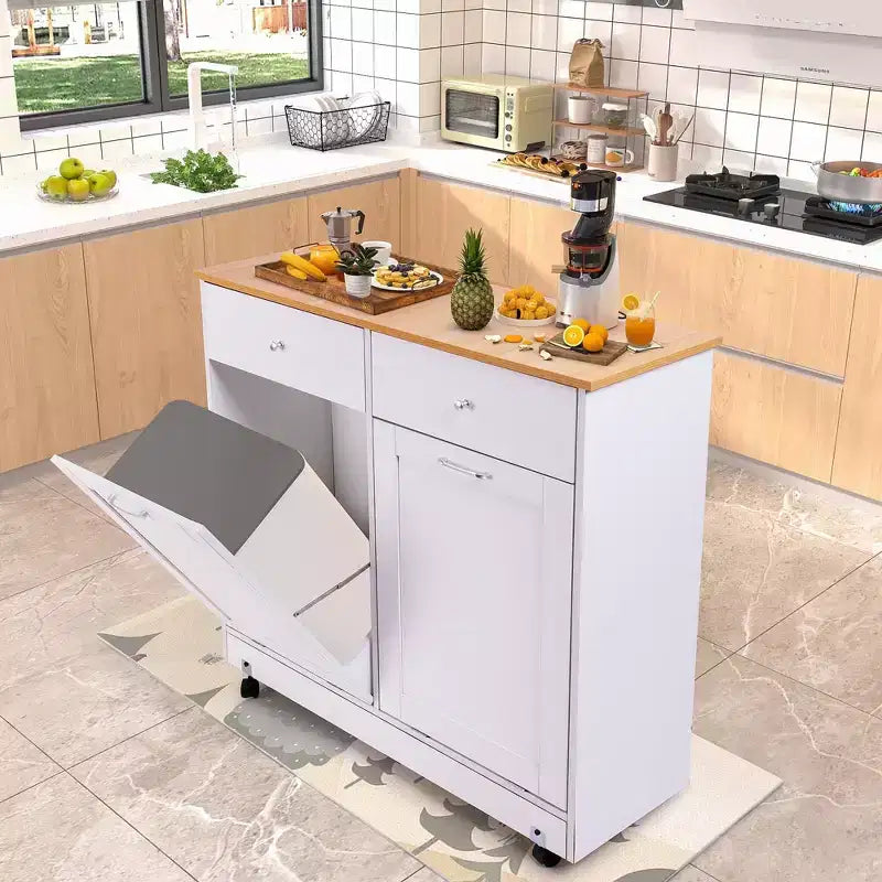 Meuble de cuisine EROMMY à double inclinaison avec 2 tiroirs, meuble poubelle avec rangement sur roulettes, blanc
