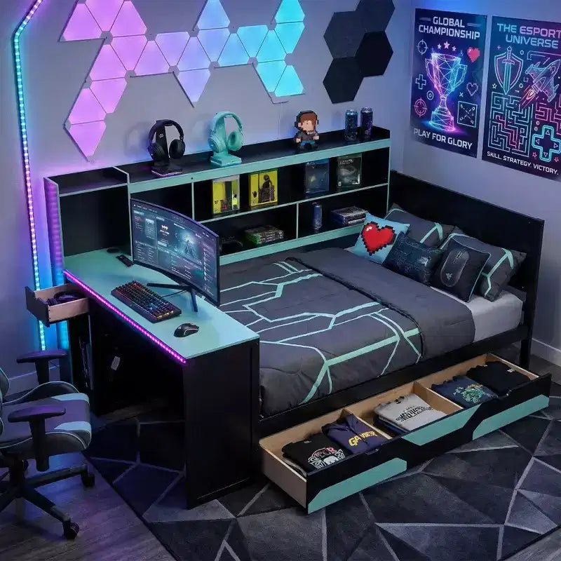 Lit de repos Gamer Hub avec bureau, lumières RGB, station de recharge, tiroirs de rangement et tête de lit bibliothèque