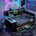 Lit de repos Gamer Hub avec bureau, lumières RGB, station de recharge, tiroirs de rangement et tête de lit bibliothèque