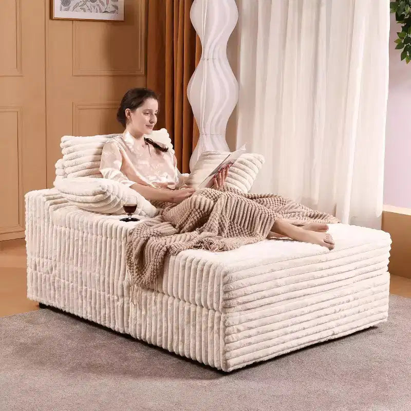 Chaise longue surdimensionnée d'intérieur avec pouf de rangement, canapé-lit en velours côtelé avec 3 oreillers, fauteuil de canapé convertible une place