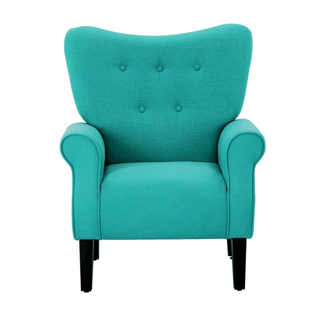 Fauteuil d'appoint moderne Erommy, fauteuil à dossier haut, canapé simple en tissu rembourré avec boutons et pieds en bois pour salon