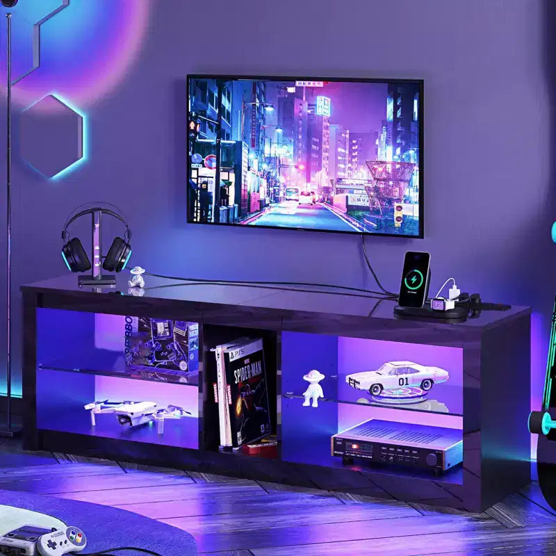 Meuble TV LED 55" Console multimédia moderne avec prise de courant et rangement, Centre de divertissement de jeu
