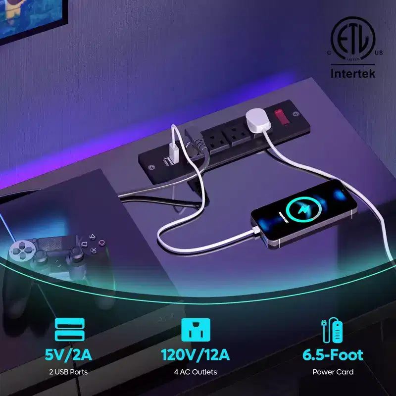 Meuble TV LED 55" Console multimédia moderne avec prise de courant et rangement, Centre de divertissement de jeu