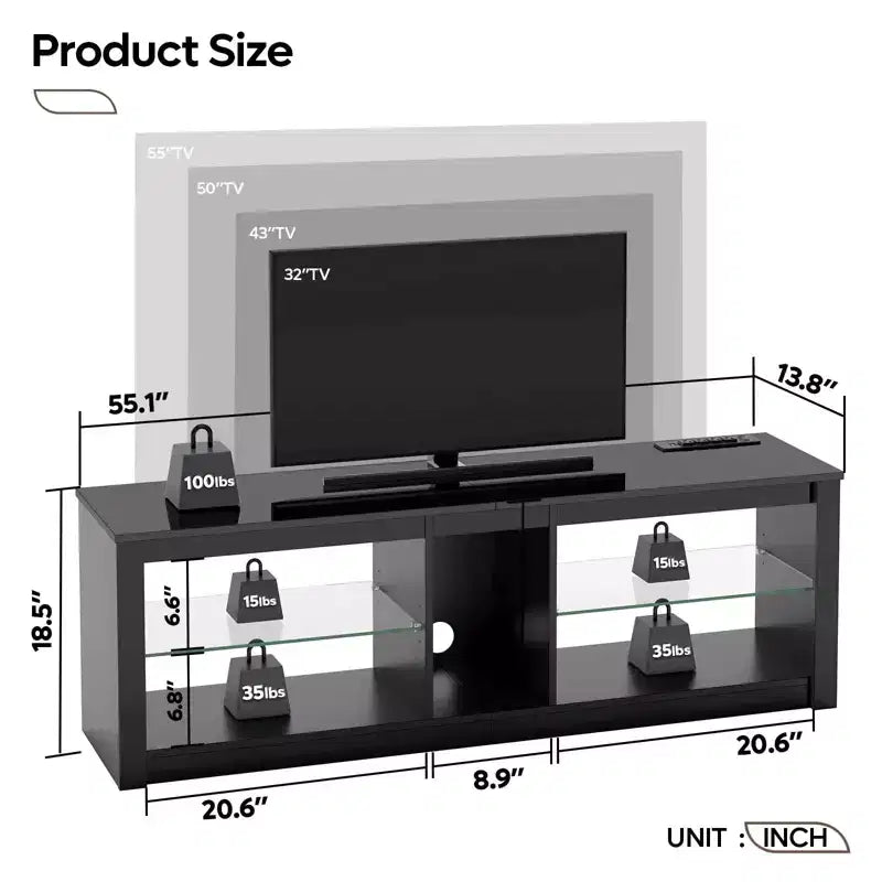 Meuble TV LED 55" Console multimédia moderne avec prise de courant et rangement, Centre de divertissement de jeu