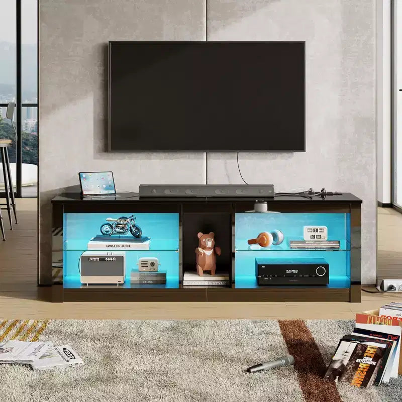 Meuble TV LED 55" Console multimédia moderne avec prise de courant et rangement, Centre de divertissement de jeu