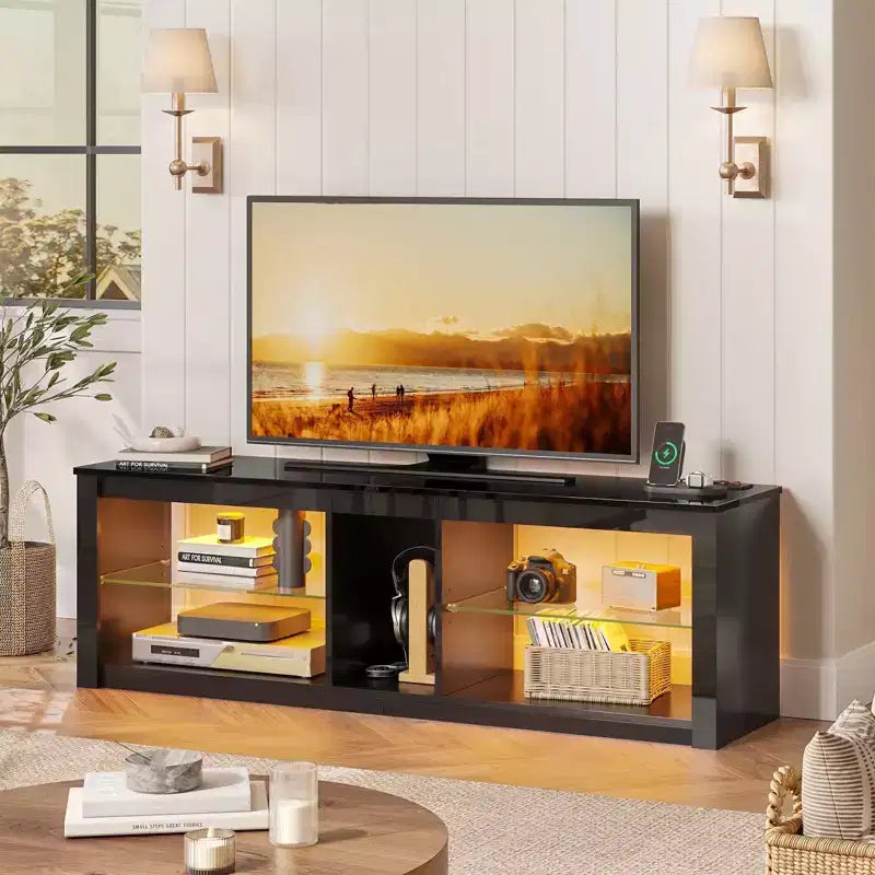 Meuble TV LED 55" Console multimédia moderne avec prise de courant et rangement, Centre de divertissement de jeu