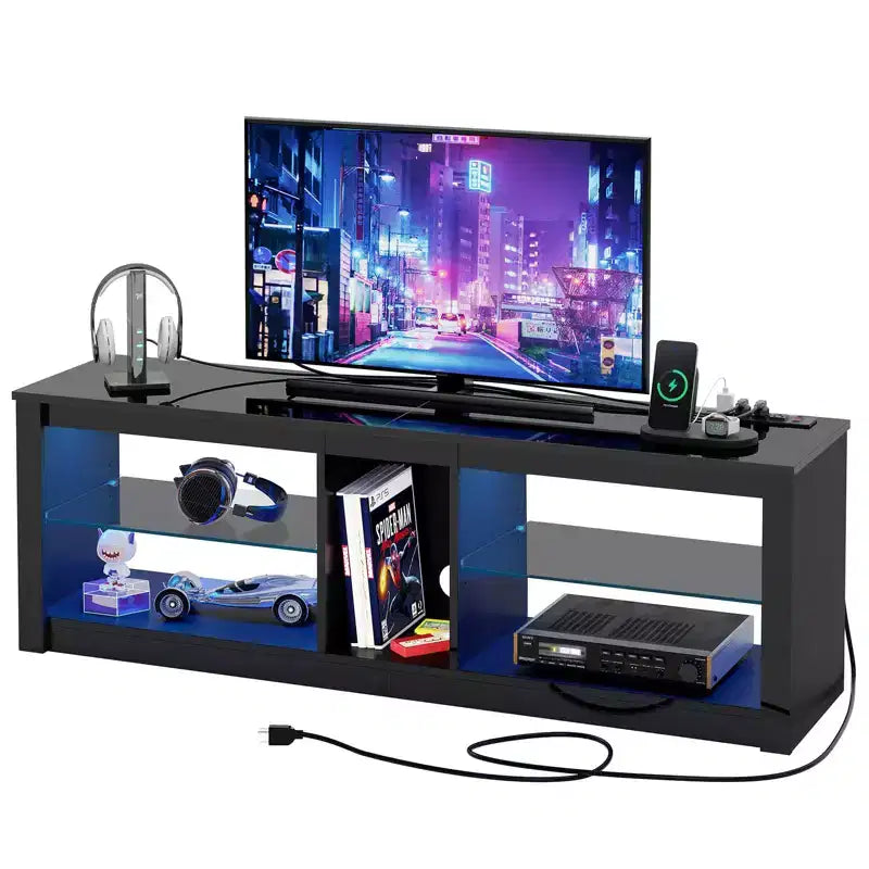 Meuble TV LED 55" Console multimédia moderne avec prise de courant et rangement, Centre de divertissement de jeu