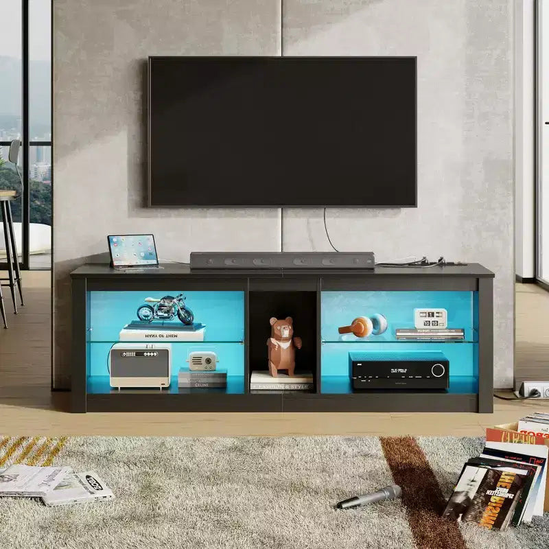 Meuble TV LED 55" Console multimédia moderne avec prise de courant et rangement, Centre de divertissement de jeu