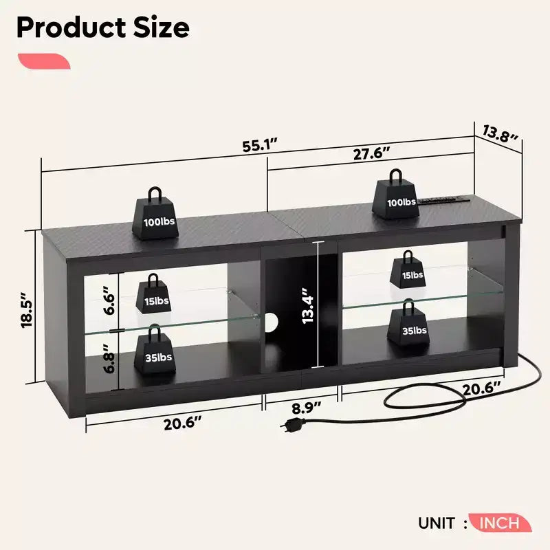 Meuble TV LED 55" Console multimédia moderne avec prise de courant et rangement, Centre de divertissement de jeu
