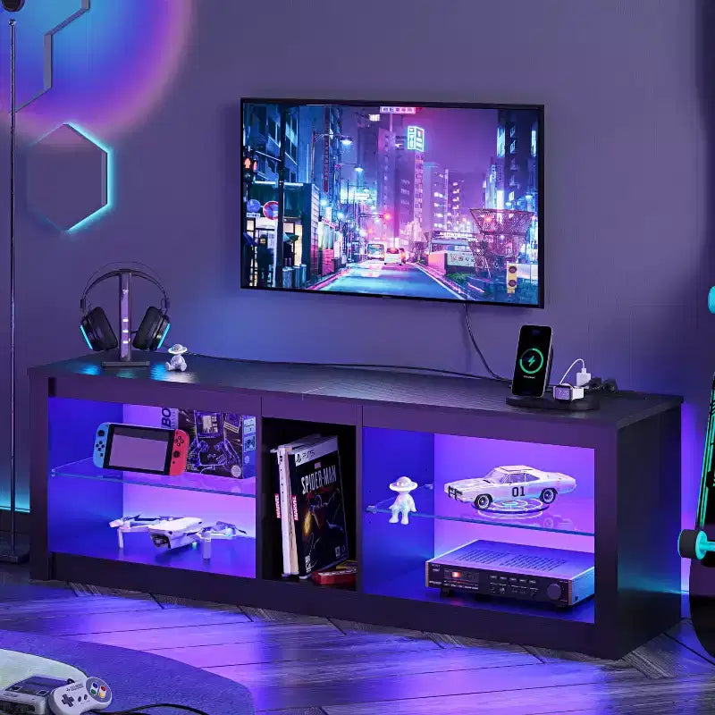 Meuble TV LED 55" Console multimédia moderne avec prise de courant et rangement, Centre de divertissement de jeu