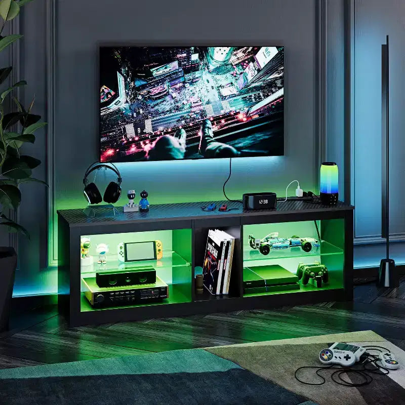 Meuble TV LED 55" Console multimédia moderne avec prise de courant et rangement, Centre de divertissement de jeu