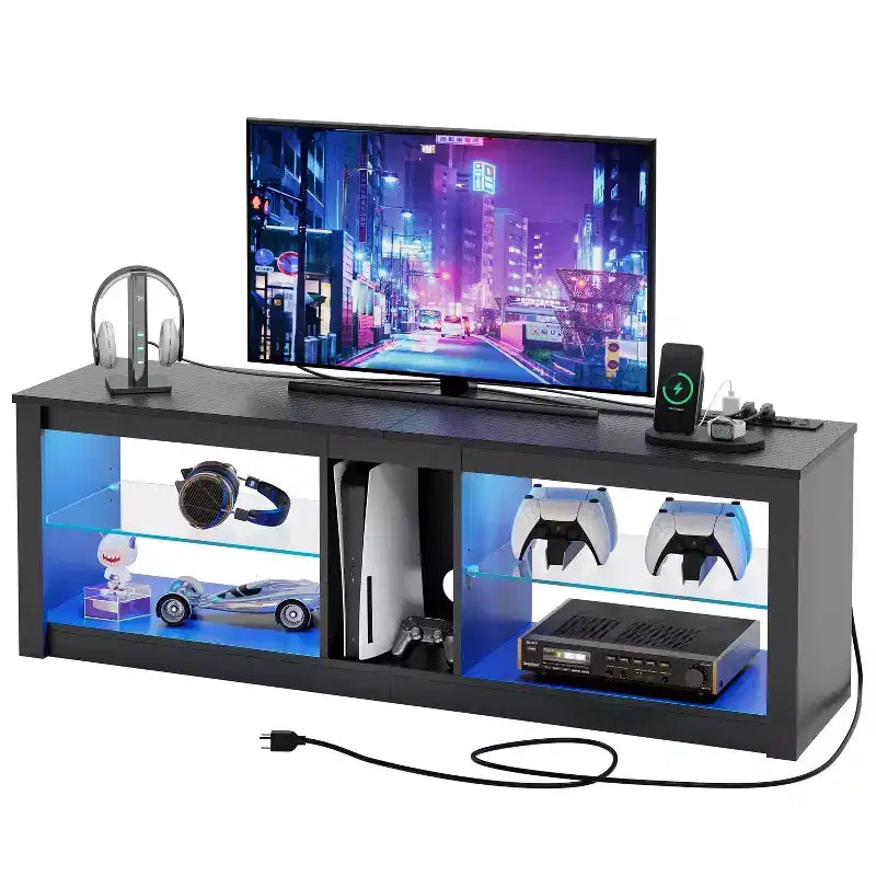 Meuble TV LED 55" Console multimédia moderne avec prise de courant et rangement, Centre de divertissement de jeu