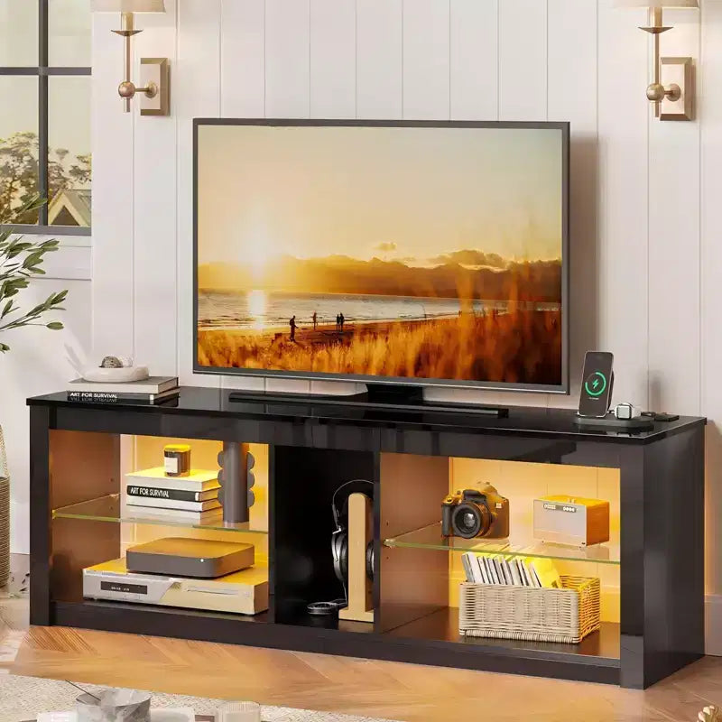 Meuble TV LED 55" Console multimédia moderne avec prise de courant et rangement, Centre de divertissement de jeu