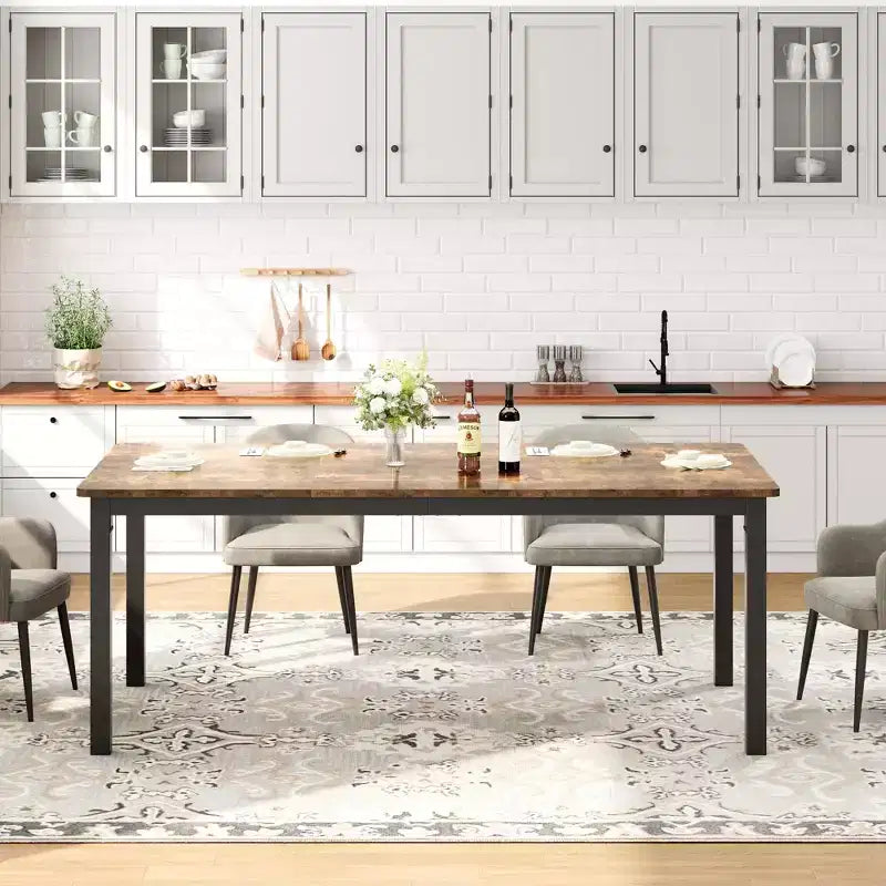 Table à manger rectangulaire en bois pour 6-8 personnes avec cadre en métal robuste, style industriel