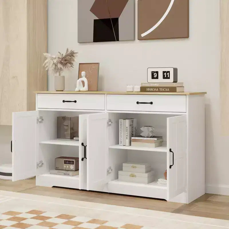 Desserte en bois blanc de 142 cm avec portes de style Shaker