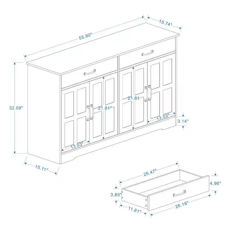 Desserte en bois blanc de 142 cm avec portes de style Shaker